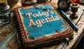 Spiral notebook with Todays Agenda on the cover, accompanied by a pen on a wooden surface, representing organization and Royalty Free Stock Photo