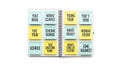 Spiral notebook with yellow sticky notes arranged in grid pattern featuring various handwritten phrases Royalty Free Stock Photo