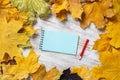 Spiral notepad and pen lies on vintage wooden desk Royalty Free Stock Photo