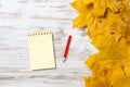 Spiral notepad and pen lies on vintage wooden desk Royalty Free Stock Photo