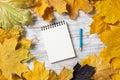 Spiral notepad and pen lies on vintage wooden desk Royalty Free Stock Photo