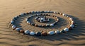 A spiral pattern of smooth, multicolored stones is arranged on a sandy beach. The stones, varying Royalty Free Stock Photo