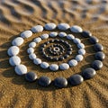 A spiral pattern of smooth stones arranged on a sandy surface Royalty Free Stock Photo