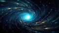 Spiral rotating Black Hole in cosmos in background of shining stars, in blue turquoise colors. Big Bang. Spiral galaxy