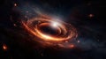 Spiral rotating black hole in cosmos in background of shining stars, in red fiery colors. Big Bang. Spiral galaxy. Ideal