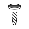 Spiral screw with countersunk head with straight slot icon. Linear logo of standard threaded nail. Black illustration of self-