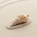 A spiral seashell rests on fine sand. The shell is beige with subtle stripes, featuring a Royalty Free Stock Photo