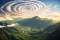 spiral-shaped clouds swirling over a mountain range