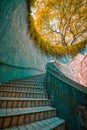 Spiral staircase at daytime in Fort Canning Park, Singapore. Vintage tone