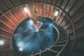 A spiral staircase inside a lighthouse. - vintage film effect