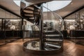 a spiral staircase with a mirrored railing, leading to the next level