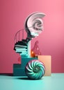 A spiral staircase next to a glass vase. AI generative image. Surreal dreamlike picture.