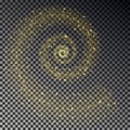 Spiral stardust tail. Golden sparkling falling star isolated on dark background. Vector stardust tra Royalty Free Stock Photo