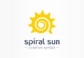Spiral sun creative symbol concept. Summer morning energy light abstract business logo. Hot sunshine weather, travel Royalty Free Stock Photo