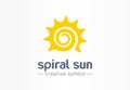 Spiral sun creative symbol concept. Summer morning energy light abstract business logo. Hot sunshine weather, travel