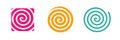 Spiral swirl line snail shape square radial circle icon vector graphic decor element set, yellow green red whirl twist stroke,