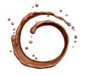 Spiral twisted chocolate wave or flow splash, pouring hot melted milk chocolate sauce or syrup, cocoa drink or cream, abstract