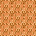 Spiral twisted circle black and white floral abstract seamless pattern on orange backgrounds retro style