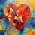 Contemporary abstract painting with a heart spiraling in blue and red. AI generation
