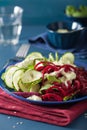Spiralized beet and cucumber salad with avocado dressing, health