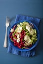 Spiralized beet and cucumber salad with avocado dressing, health