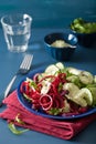 Spiralized beet and cucumber salad with avocado dressing, health