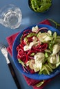 Spiralized beet and cucumber salad with avocado dressing, health