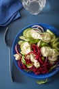 Spiralized beet and cucumber salad with avocado dressing, health