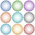 Spirally lines starburst badges. Abstract design elements. 9 col