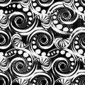 Spirals abstract black and white vector seamless pattern. Geometric ornamental halftone dotted background. Spiral swirls, wavy sh Royalty Free Stock Photo