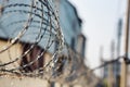 Spirals of barbed wire on a concrete fence. A symbol of incarceration and lack of freedom.