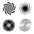 Spirals. Circular wave elements, psychedelic hypnosis symbols. Abstract twisted swirl waves curve shape pictogram, black