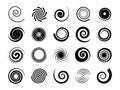 Spirals. Twisted swirl, circle twirl and circular wave elements, psychedelic hypnosis symbols, black geometric digital