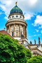 The spire of the French Cathedral in downtown Berlin at the historic square Gendarmenmarkt Royalty Free Stock Photo