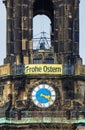 Spire of the Kreuzkirche Dresden with the large inscription: \