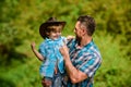 Spirit of adventures. Strong like father. Power being father. Child having fun cowboy dad. Rustic family. Growing cute Royalty Free Stock Photo