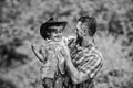 Spirit of adventures. Strong like father. Power being father. Child having fun cowboy dad. Rustic family. Growing cute Royalty Free Stock Photo