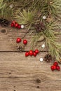 Spirit Christmas background. Fresh dog-rose berries, ball candies, pine branches and cones, artificial snow. Nature decorations, Royalty Free Stock Photo