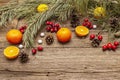 Spirit Christmas background. Fresh mandarins, dog-rose berries, candies, pine branches and cones, artificial snow Royalty Free Stock Photo