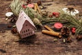 Spirit Christmas background. New Year tree, light house, dog rose, candles, spices, deer, cones. Nature decorations, vintage