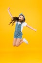 Spirit of freedom. Active girl feel freedom. Fun and relax. Feeling free. Carefree kid. Summer holidays. Jump of