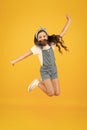 Spirit of freedom. Active girl feel freedom. Fun and relax. Feeling free. Carefree kid. Summer holidays. Jump of