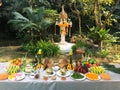 Spirit house worship ceremony with food set Royalty Free Stock Photo