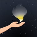 Spirit. magic flame in the hand against the background of the starry sky. soul life, rebirth. vector illustration