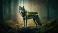 Spirit of nature, beautiful wolf, with glowing energy running through its body, standing in a misty forest. Generative AI