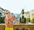 Happy woman on Vaclavske namesti in Prague Czech Republic Royalty Free Stock Photo