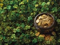 the spirit of St. Patrick& x27;s Day with a captivating banner showcasing a pot of gold coins amidst vibrant clover