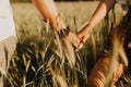 The spirit of travel, freedom and independence. Happy young couple in love running in the field in the sunset light. Messy hair. F Royalty Free Stock Photo