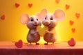 In the spirit of Valentine's Day, two affectionate white mice clutch heart shaped cheese on romantically themed