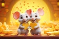 In spirit of Valentine's Day, two affectionate white mice clutch heart shaped cheese on romantically themed backdrop